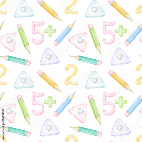 five, plus, two, colored pencils, eraser. Watercolor seamless pattern on white background in pastel colors. Cute children's illustration back to school