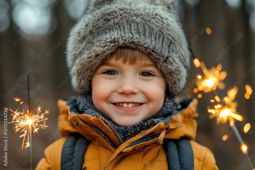 Child Joyfully Celebrates with Sparklers in a Winter Wonderland Child Joyfully Celebrates with Sparklers in a Winter Wonderland