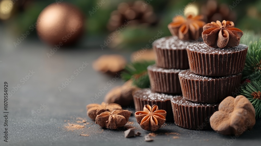 Fototapeta premium Perfect holiday pudding with rich chocolate decorations, festive pine branches, and vibrant berries creating a luxurious dessert display for the Christmas season