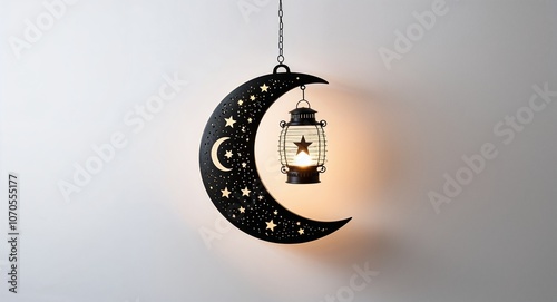 Crescent moon lantern with stars on plain white background photo