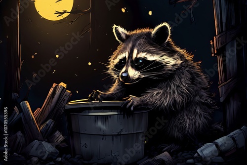 raccoon night raid a raccoon raiding a garbage bin at night its