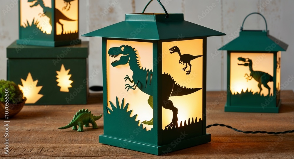 Dinosaur themed lantern with little lights shaped like dino skeletons Dinosaur themed lantern with little lights shaped like dino skeletons