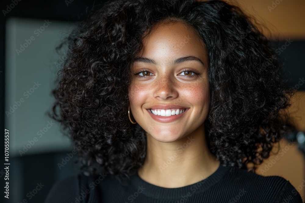 A smiling young woman with curly hair indoors showcasing a bright and cheerful moment A smiling young woman with curly hair indoors showcasing a bright and cheerful moment