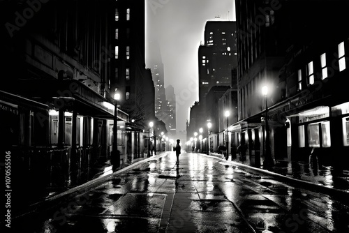 rainy night city a black and white photograph of a cityscape on