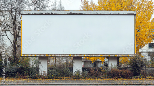 The weathered billboard, empty of advertisements, is surrounded by vibrant fall foliage and a gray sky photo