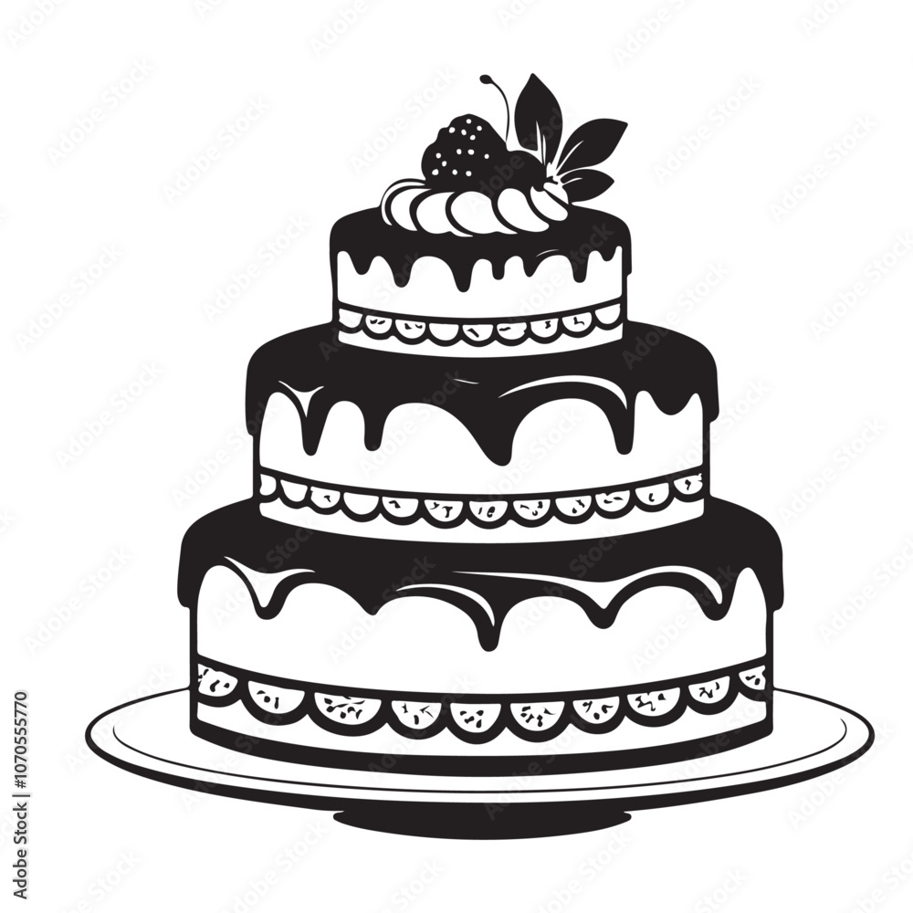 Black and white drawing of a birthday cake with dripping frosting Black and white drawing of a birthday cake with dripping frosting