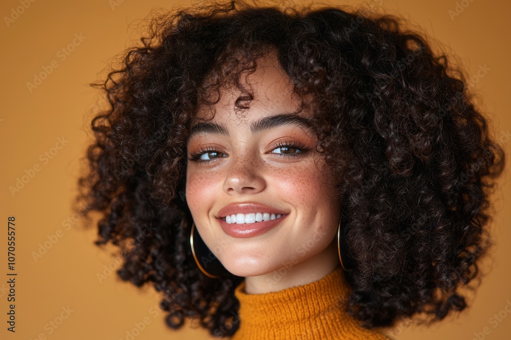 Smiling woman with curly hair wearing a turtleneck sweater against a warm background Smiling woman with curly hair wearing a turtleneck sweater against a warm background