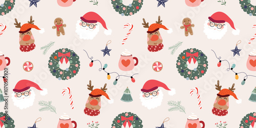 Christmas seamless pattern with Santa and reindeer, Holidays background, seasonal wallpaper