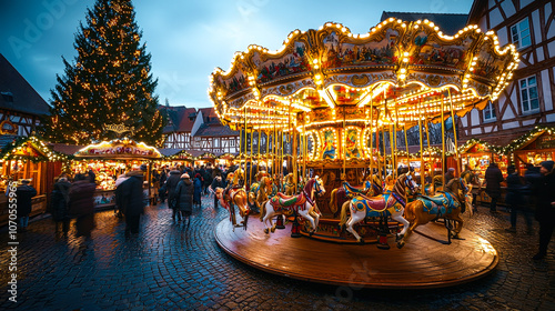 A beautifully lit carousel attracts visitors at a festive holiday market filled with joy and seasonal cheer during the evening