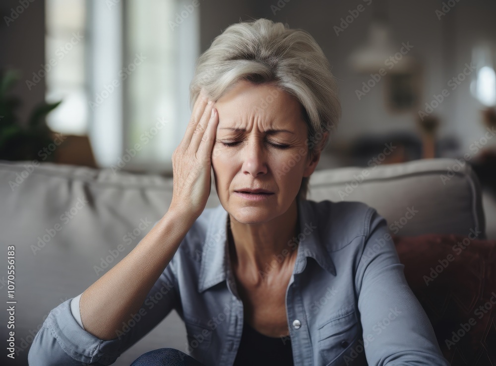 Woman Experiences Headache While Sitting on Couch Woman Experiences Headache While Sitting on Couch
