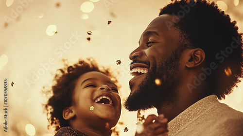 A father and his young child share a joyful moment, laughing together during a festive New Year celebration with warm golden lights and confetti falling around, creating a cheerful atmosphere. photo