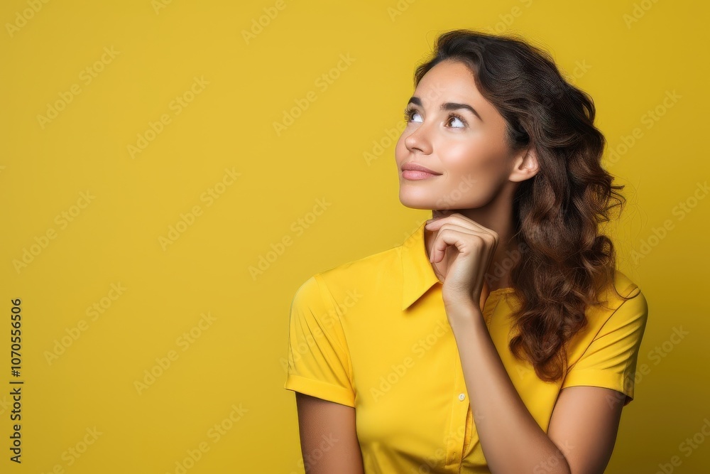 Woman in Yellow Shirt Contemplates Life with a Thoughtful Expression Woman in Yellow Shirt Contemplates Life with a Thoughtful Expression