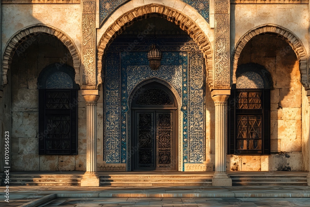 Obraz premium Ornate archway entrance to a mosque with intricate tilework.