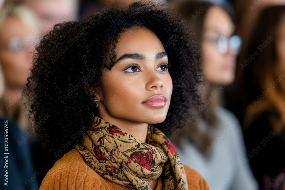 A diverse group of people attending a Black History Month event, listening to a speaker discussing racial progress and achievements. A diverse group of people attending a Black History Month event, listening to a speaker discussing racial progress and achievements.