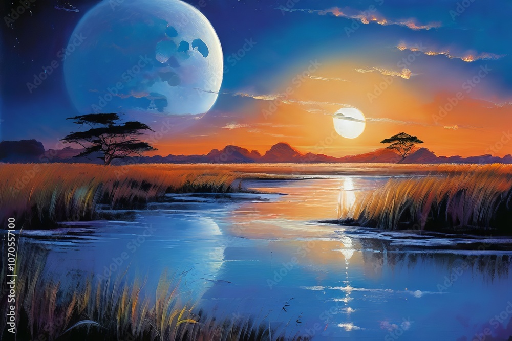 savannah with twin moons tall grasses sway gently in the breeze savannah with twin moons tall grasses sway gently in the breeze