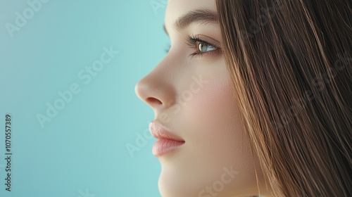 A close up shot of a woman with long, sleek, and shiny hair, cascading over her shoulders, emphasizing hair care and styling techniques.