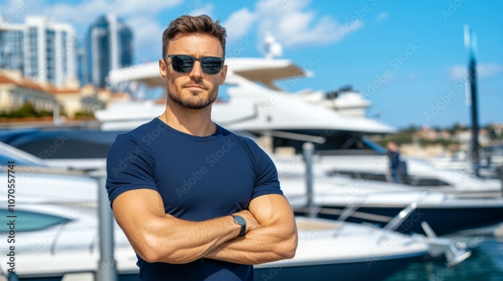 A confident man in sunglasses poses at a marina surrounded by luxury yachts on a sunny day in a coastal city A confident man in sunglasses poses at a marina surrounded by luxury yachts on a sunny day in a coastal city