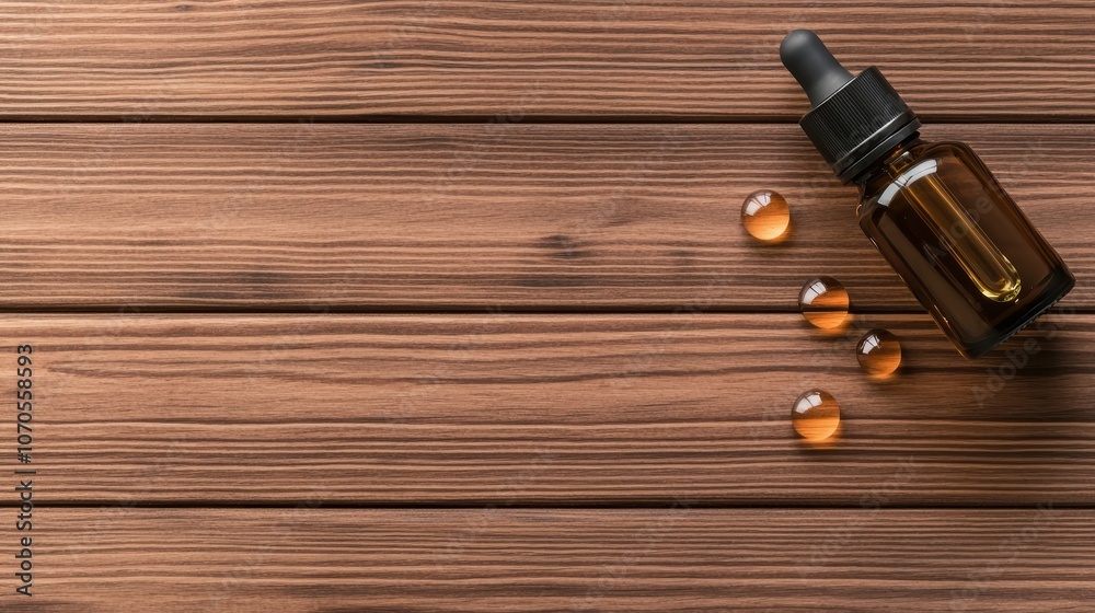 A bottle of essential oil with a dropper, with a few drops of oil forming a puddle on a wooden surface, suggesting aromatherapy and relaxation. A bottle of essential oil with a dropper, with a few drops of oil forming a puddle on a wooden surface, suggesting aromatherapy and relaxation.