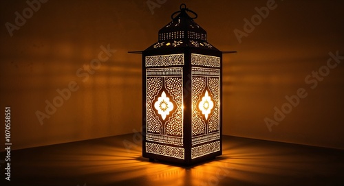 Moroccan lantern with intricate patterns glowing in a dark room