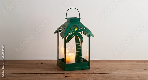 Palm tree themed lantern with tealight holder on plain white background photo