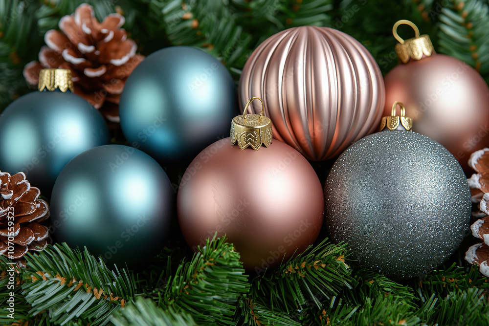 Christmas balls closeup, Xmas decorations, New Year's celebration Christmas balls closeup, Xmas decorations, New Year's celebration