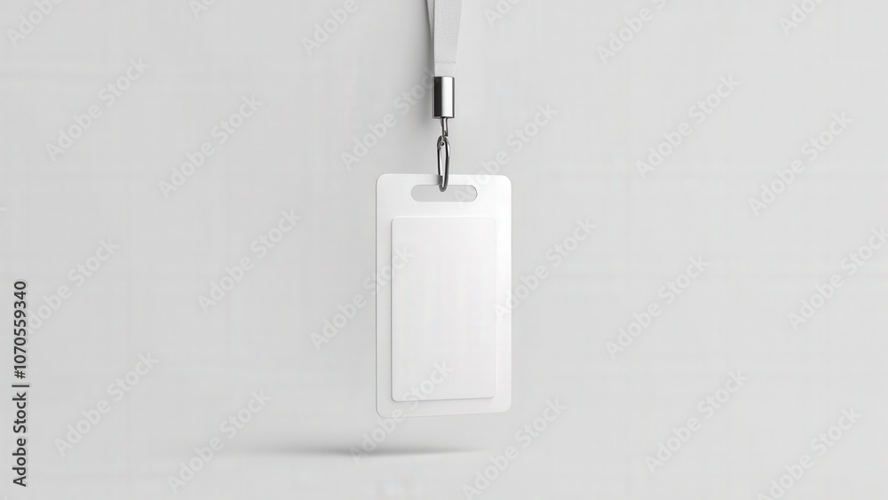 ID card lanyard mockup with a blank white badge, hanging on a metal clip for easy branding placement. ID card lanyard mockup with a blank white badge, hanging on a metal clip for easy branding placement.