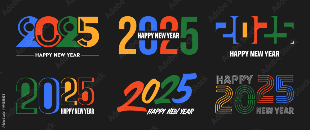 Fototapeta premium Set of 2025 Happy New Year greeting text designs. Christmas banner, poster, festive greeting card or seasonal promotion template. Collection of 2025 numbers with greetings. Vector illustration