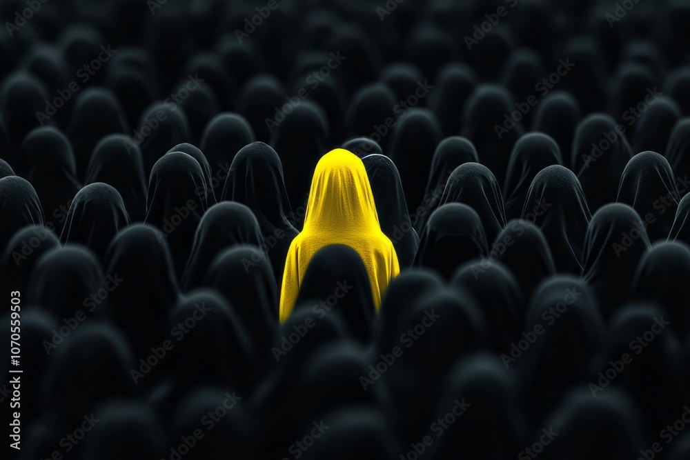 Fototapeta premium A lone figure in bright yellow stands out among a crowd dressed in black clothing at dusk
