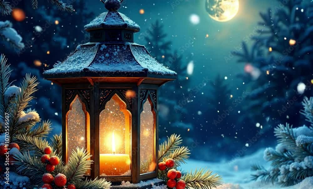Christmas lantern in snow with gentle snowfall at night Christmas lantern in snow with gentle snowfall at night
