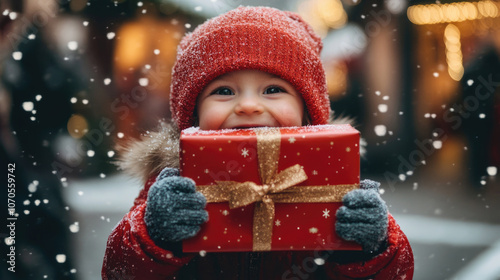 An excited child in festive attire eagerly holds a red present adorned with a golden ribbon, standing amidst gently falling snowflakes in a winter wonderland.