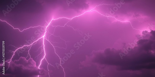 Bright pink lightning striking through dark storm clouds in a dramatic and intense weather scene, power, dramatic