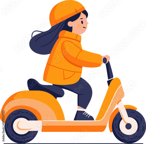 A girl in an orange jacket rides a scooter cartoon isolated on transparent background. Vector illustration.