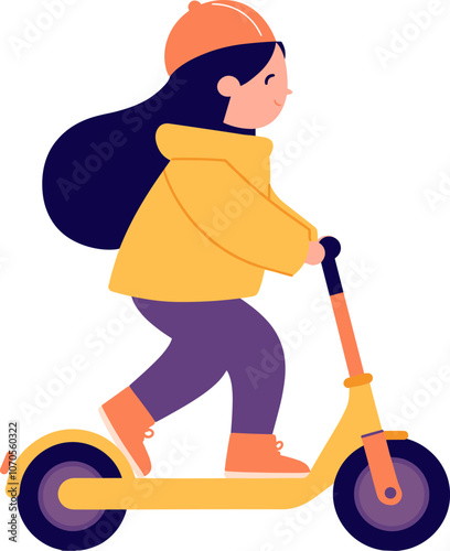 A young girl rides an orange scooter wearing a yellow jacket and orange boots cartoon isolated on transparent background. Vector illustration.