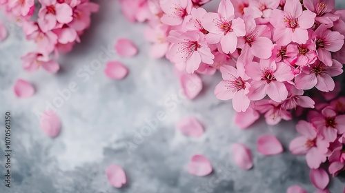 Close up of pink flowers with pink petals and pink leaves. The flowers are scattered on the ground, and the background is a grey wall. Concept of tranquility and beauty