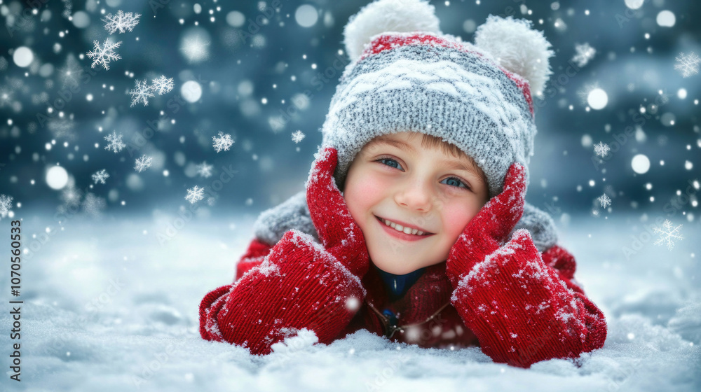 An engaging image of a young child, warmly dressed, lying in the snow and smiling brightly, conveying vibrancy and the playful essence of childhood snow days. An engaging image of a young child, warmly dressed, lying in the snow and smiling brightly, conveying vibrancy and the playful essence of childhood snow days.