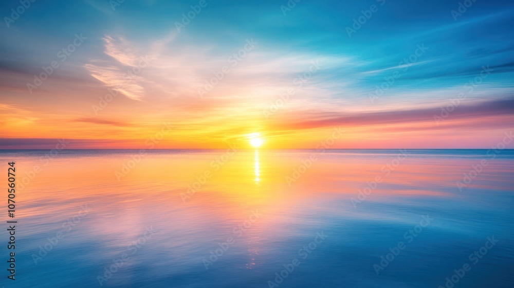 Obraz premium A serene sunset over calm waters, blending vibrant colors in a tranquil atmosphere.