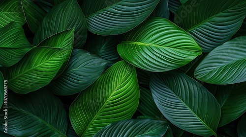 Close up of green leaves with a lush green background. The leaves are arranged in a way that creates a sense of depth and dimension
