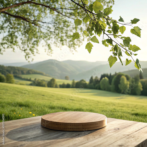 Wooden podium in green landscape, display for food perfume and other products advertisement promotion with nature podium background, grass sunlight at morning