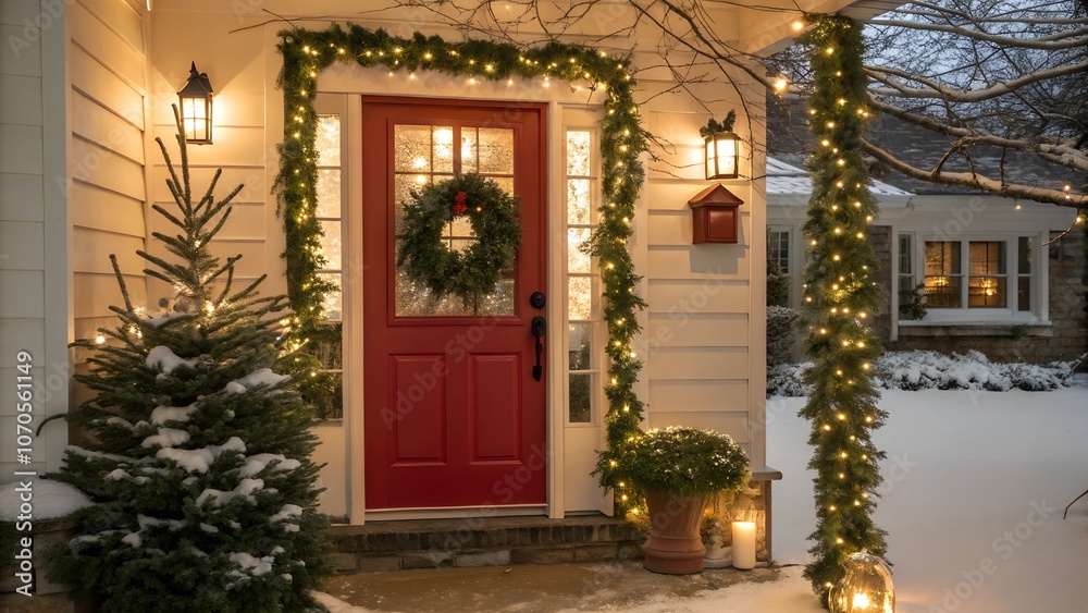 Red Front Door Decorated for Christmas with Wreath and Illuminated Garlands – Festive Holiday Image Red Front Door Decorated for Christmas with Wreath and Illuminated Garlands – Festive Holiday Image