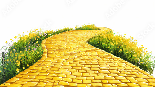 Enchanted yellow brick road leading to magical emerald city in springtime , fantasy, oz, magicians isolated on white background, space for captions, png. Enchanted. Illustration