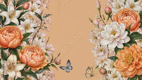 Beautiful watercolor butterfly drawing painting pink white orange blooming peonies plants bouquet in a vase on a table colorful hd vibrant artwork