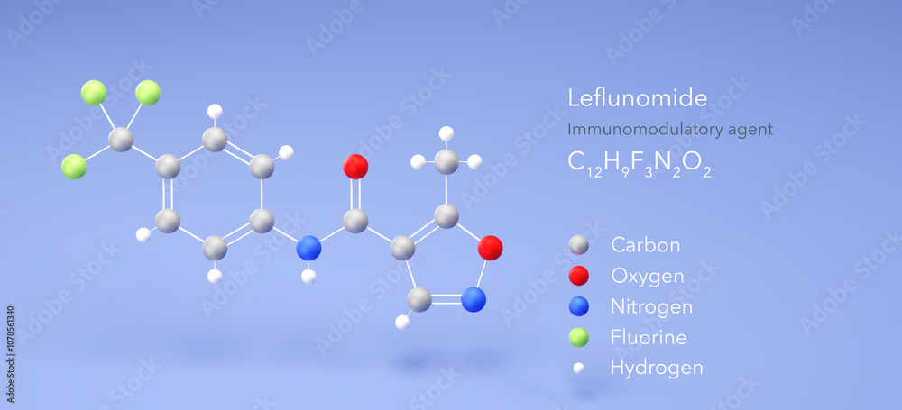 Leflunomide molecule, molecular structure, immunomodulatory agent, 3d model, Structural Chemical Formula and Atoms with Color Coding Leflunomide molecule, molecular structure, immunomodulatory agent, 3d model, Structural Chemical Formula and Atoms with Color Coding
