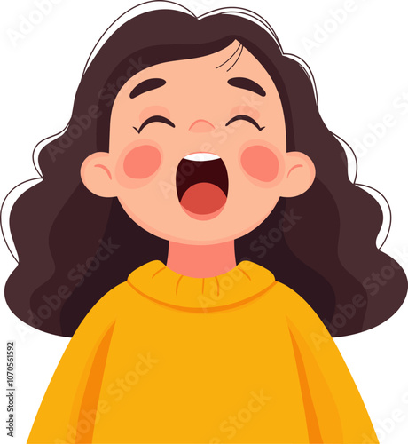 Happy child smiling widely with curly hair wearing a yellow sweater cartoon isolated on transparent background. Vector illustration.