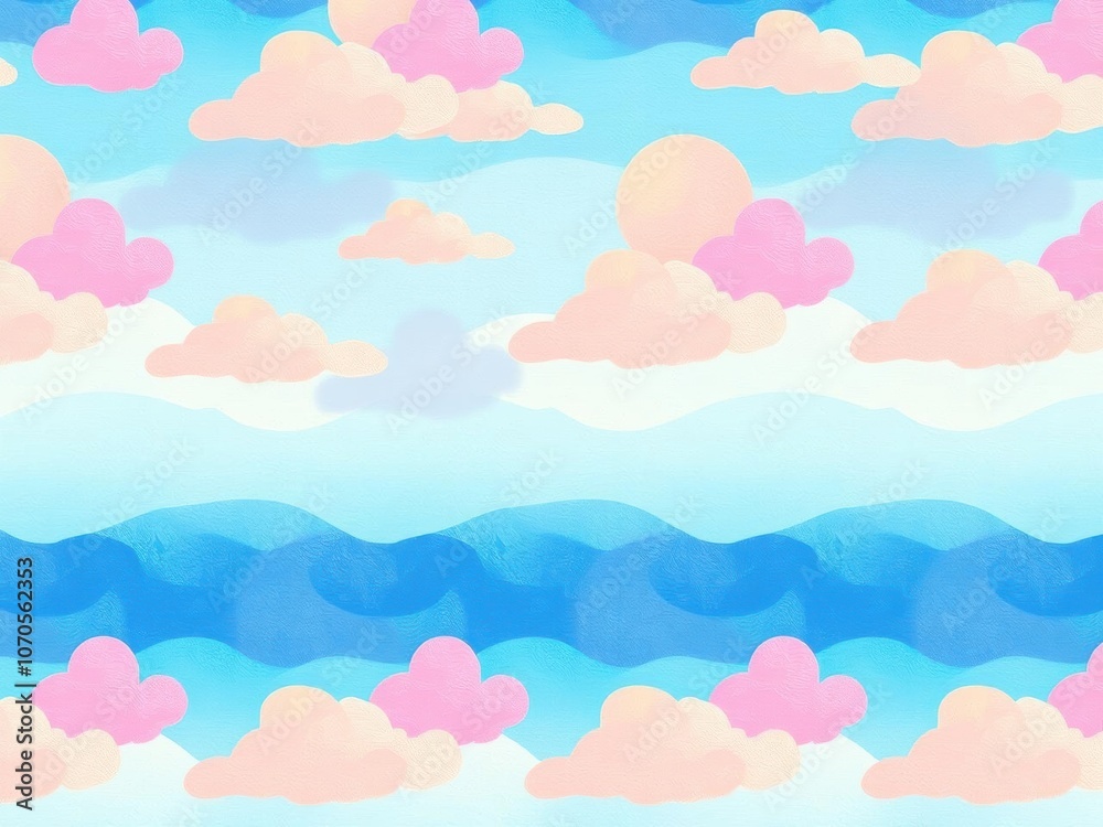 Abstract seamless pattern with a combination of waves and clouds in a soothing color palette, sky, water Abstract seamless pattern with a combination of waves and clouds in a soothing color palette, sky, water