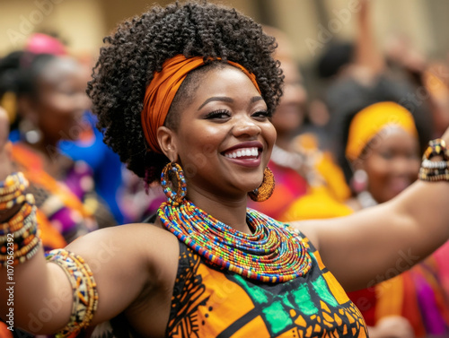 A vibrant Black History Month celebration with people wearing traditional African clothing, dancing, and sharing cultural stories. photo