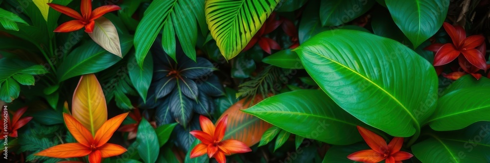 Naklejka premium A diverse collection of lush greenery, including various leafy plants, herbs, and tropical leaves, plant, lush