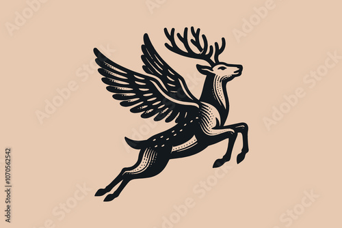 A magical beautiful deer with wings is jumping. Vintage vector engraving illustration, emblem, print, sketch, tattoo