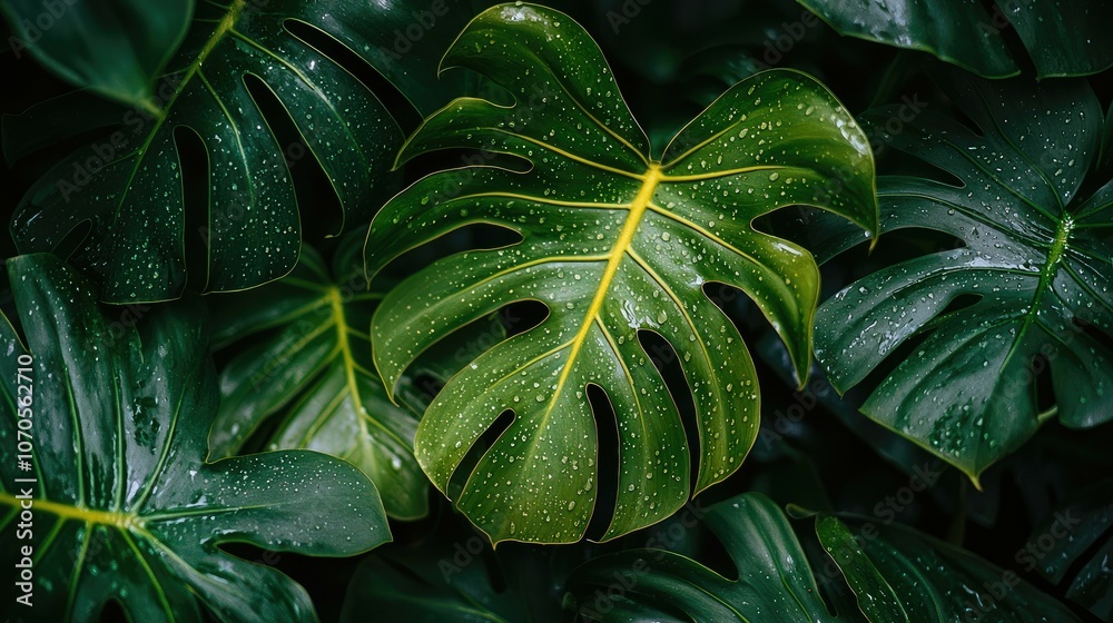 Fototapeta premium Close-up of large green leaves with water droplets.