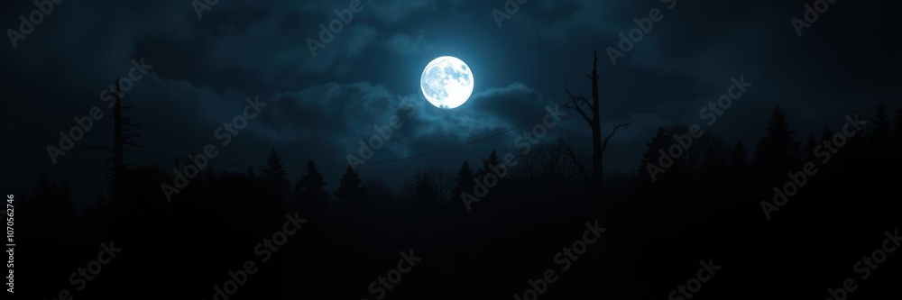 A mysterious dark forest illuminated by the full moon, creating an eerie and enchanting atmosphere, spooky, dark A mysterious dark forest illuminated by the full moon, creating an eerie and enchanting atmosphere, spooky, dark