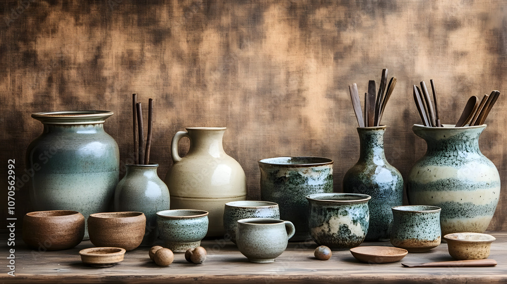 Artistic Representation of Various Ceramic Pots and Wooden Tools on Display, Showcasing Craftsmanship and Rustic Aesthetic in a Warm, Natural Setting
